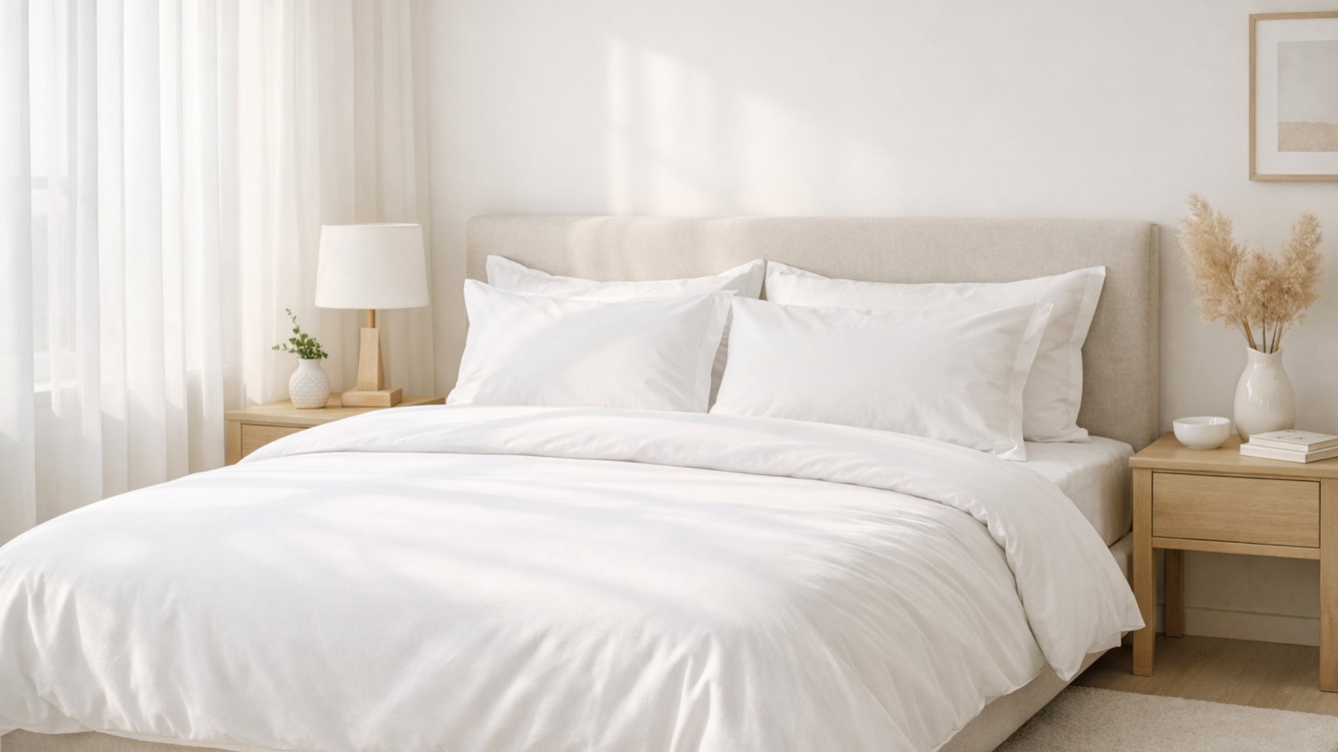 Helles, ultra-sauberes modernes Schlafzimmer mit weichem Tageslicht. Ein perfekt gemachtes Bett mit glatten weißen Laken steht im Mittelpunkt. Die Atmosphäre wirkt ruhig, minimalistisch und gepflegt, mit sanften Schatten, leichten Vorhängen und warmem Sonnenlicht, das ein Gefühl von Sicherheit, Sauberkeit und Geborgenheit vermittelt. Keine Personen sichtbar, hochwertige Lifestyle-Fotografie in neutralen Weiß- und Beigetönen, gestochen scharf und realistisch.